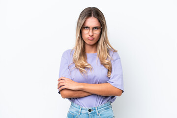 Young Uruguayan woman isolated on white background with unhappy expression