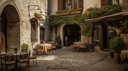 Fototapeta na wymiar Cozy coffee house terrace in a Mediterranean cute town 
