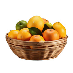 Fruit basket with oranges and pears in a wooden basket with a lid isolated on transparent background