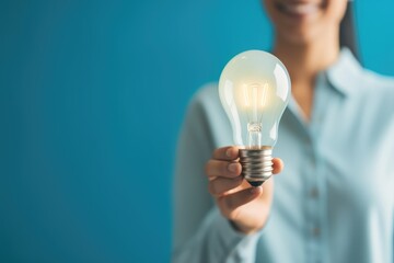 Woman holding a light bulb against a solid color background - Idea and Innovation - AI Generated
