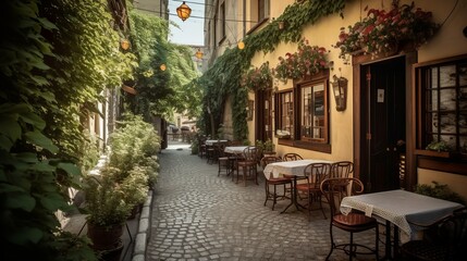 Fototapeta na wymiar Cozy cafe terrace in a Mediterranean cute town 