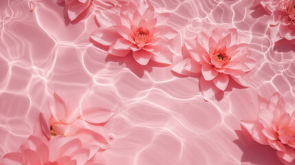 pink water lilies in a pink rippled water with sun glares flat lay