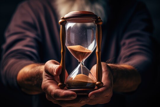 Man holding an hourglass against a solid color background - Time and Urgency - AI Generated