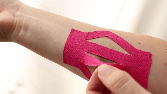 Girl paste fixing pink tape on a big purple bruise. Fixing hands - rehabilitation after hand injury.