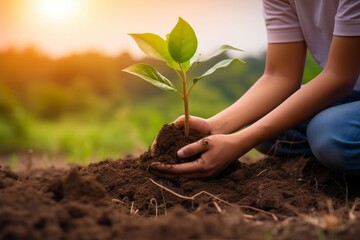 people hands planting small tree in sunset. concept save earth, Generative AI