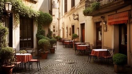 Old fashioned small town charm with cobblestones and patio