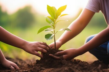 people hands planting small tree in sunset. concept save earth, Generative AI
