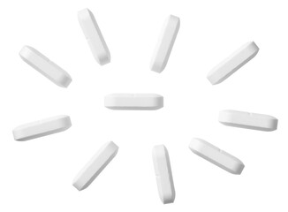 White pills isolated on white background, top view