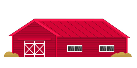Large red barn for industry and agriculture. Rustic barn with windows for hay, crops, feed and machinery. Wooden barn with a red metal roof and small green bushes. Isolated on white background.