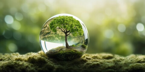tree growth on globe glass in nature. concept eco earth day, Generative AI