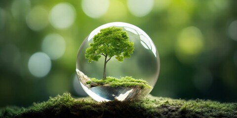 tree growth on globe glass in nature. concept eco earth day, Generative AI