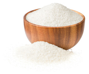 Shredded coconut in the wooden bowl, isolated on white background.