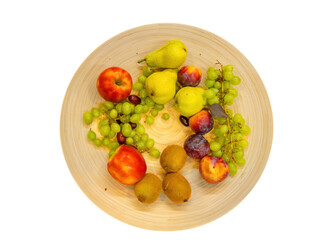 fruits plate with fresh grapes, pears, apples