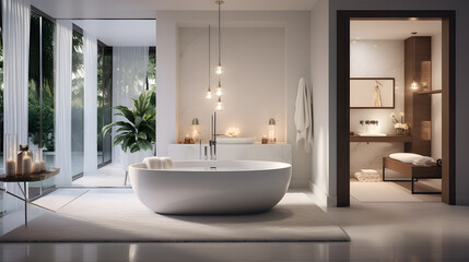 Immerse yourself in the luxury of a modern bathroom retreat. The photograph captures a spa-like space with sleek fixtures, a freestanding tub, and soft ambient lighting and inviting relaxation. - obrazy, fototapety, plakaty