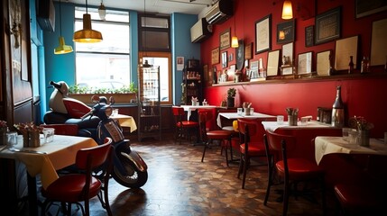 Cozy Italian style restaurant interior with motorcycle decor inside and colorful space