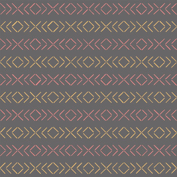 simple decorative art. hand drawn squares crosses. yellow pink gray repetitive background. vector seamless pattern. geometric texture. fabric swatch. wrapping paper. design template for textile, linen