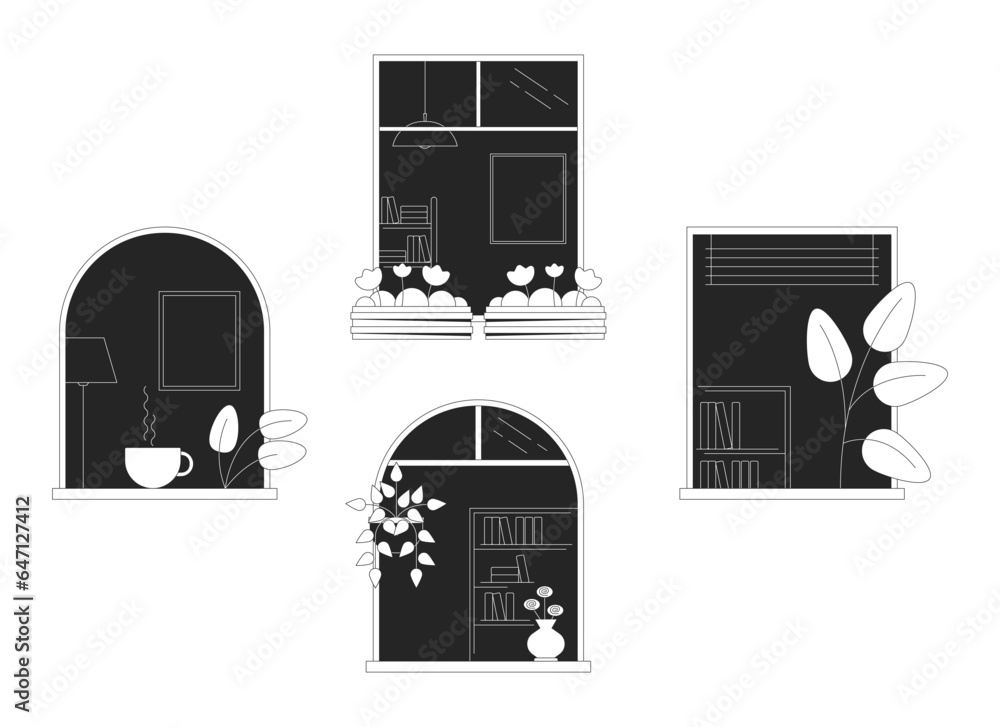 Poster neighbors windows in building bw concept vector spot illustration. balcony architecture 2d cartoon f