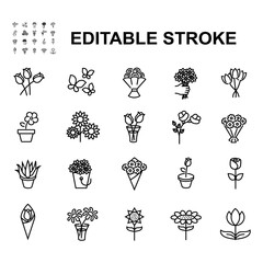 Set of Flower  Related Vector Line Icons. Includes such Icons as flowers roses, Butterfly, present and more.