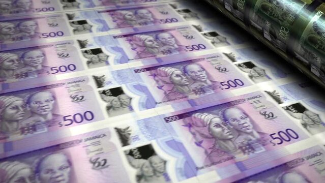 Jamaica money Jamaican Dollar money banknotes printing roll machine loop. Paper JMD bank note print 3d looping seamless. Abstract concept of banking, debt, finance, economy and crisis.