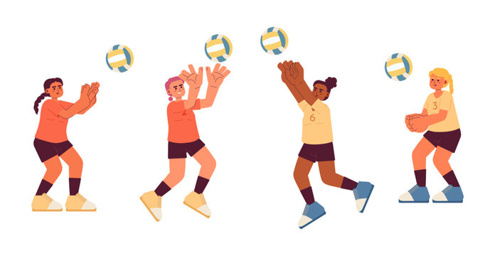 Female volleyball players flat concept vector spot illustration. Team game. Hitting ball 2D cartoon characters on white for web UI design. Sport isolated editable creative hero image