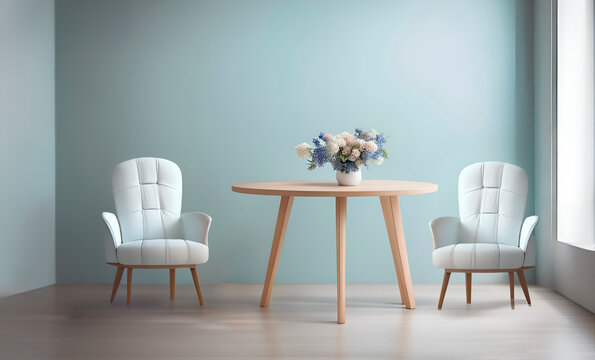 Wooden table and chairs near an empty mint-colored wall. Minimalist interior design in Scandinavian style