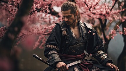 Fototapeta na wymiar A samurai from the Sengoku period stands under a cherry tree