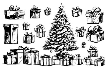 Sketch Hand drawn Christmas tree and presents. Vector illustration, line art.