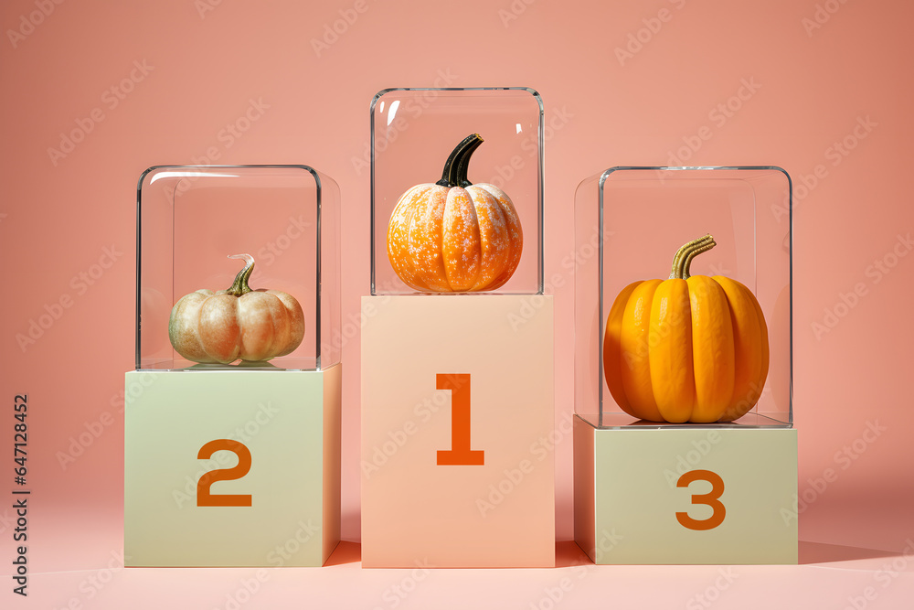 Wall mural attractive colorful pumpkins on podiums, isolated on pastel background, halloween seasonal holiday c