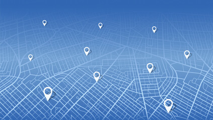 Multiple destinations, isometric. Map city with gps pins. Alternative way with location system. Urban map with pointers. Intended goal, many destinations, signs, information pointers, arrows. Vector