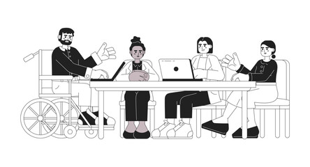 Diverse meeting work black and white cartoon flat illustration. Diversity people discussion linear 2D characters isolated. Brainstorming employees. Coworkers boardroom monochromatic scene vector image