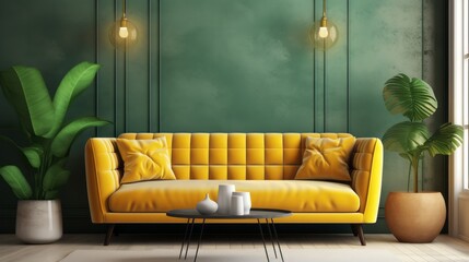 A vibrant yellow tufted sofa and green cushions are seen near a stucco wall. Interior design of modern living room.
