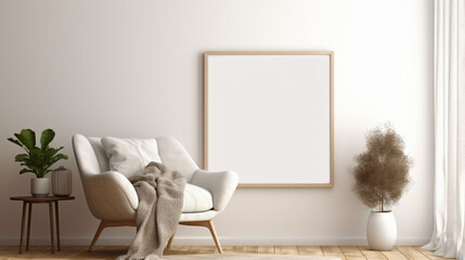 Cozy interior with empty poster frame. Frame mockup