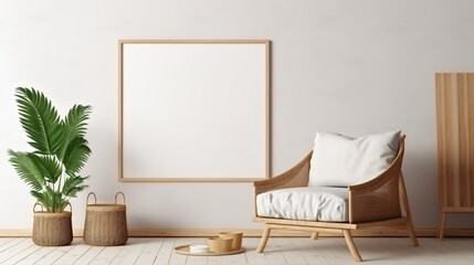 Cozy interior with empty poster frame. Frame mockup
