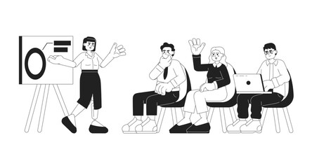 Diverse startup black and white cartoon flat illustration. Female conference speaker with prosthesis, lecture business people linear 2D characters isolated. Meeting monochromatic scene vector image