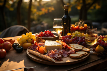 Autumn Picnic Bliss: A picnic spread featuring a charcuterie board, cheese, and seasonal fruits, arranged on a cozy blanket amidst the colorful autumn foliage... - obrazy, fototapety, plakaty