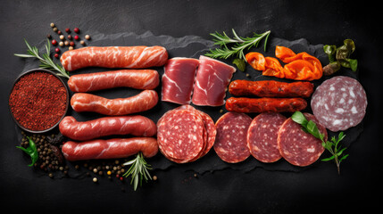 Traditional smoked salami sausage with spices. Slice sausages. Rosemary. Top view. - obrazy, fototapety, plakaty