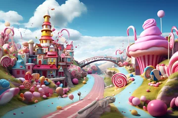 Zelfklevend Fotobehang 3D rendering of the house in the fantastic colorful Candyland © Alina