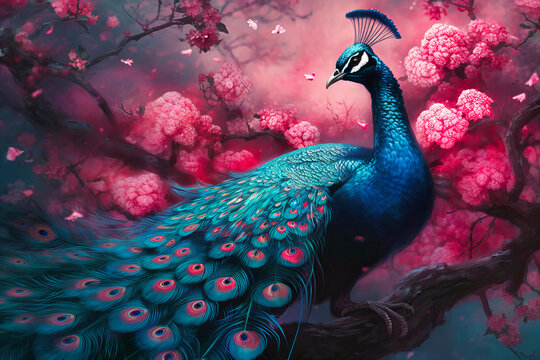 Peacock's Magnificence Displayed Against a Backdrop of Pink Blossoms