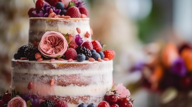 Delicious wedding cake with fruits and flowers perfectly decor