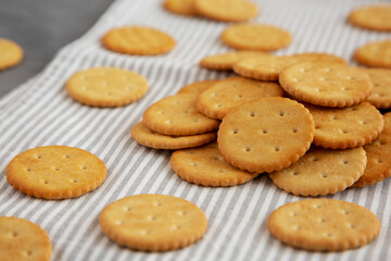 Round Crispy Crackers with Sea Salt on a gray background, side view.