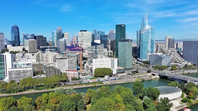 Paris: Aerial view of skyscraper skyline of La Defense, major business district in capital city of France, sunny day with clear blue sky - landscape panorama of Europe from above