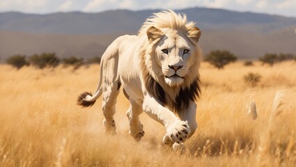 A majestic white lion sprinting across the golden grasslands of the African savannah, its mane flowing in the wind.