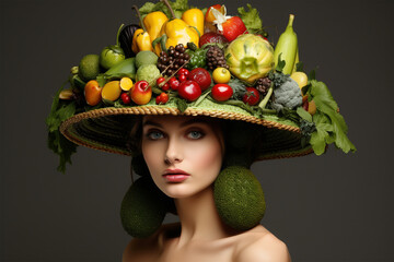 Frau mit Hut und Haaren aus Ost und Gemüse - obrazy, fototapety, plakaty