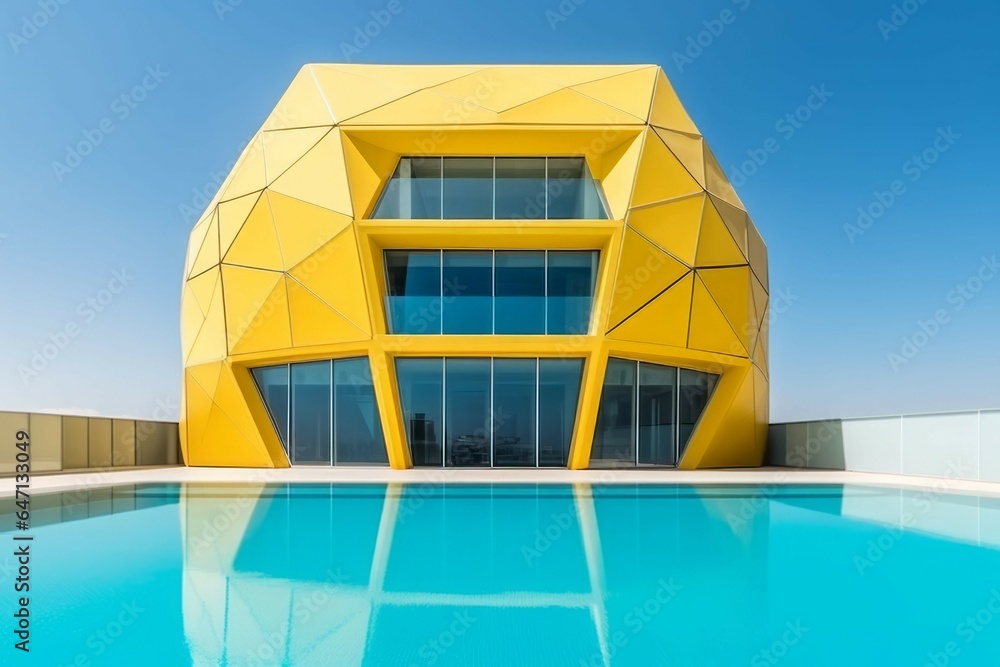 Poster modern yellow building with windows near pool. generate ai