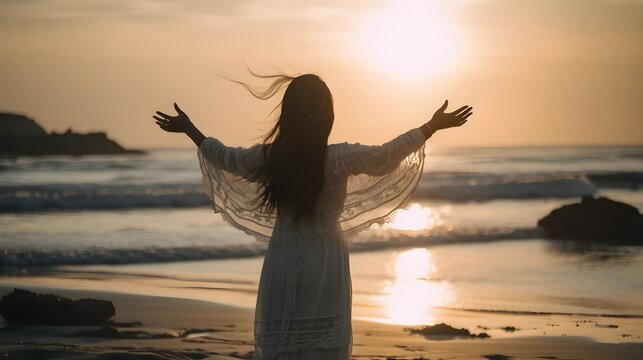 Woman wearing white gawn with loose hair with wide open arms infront of beautiful beach. Created with Generative AI Technology
