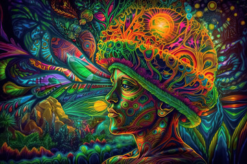 Ayahuasca experience, spiritual psychedelic hallucinations surreal illustration - obrazy, fototapety, plakaty