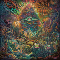 Ayahuasca experience, spiritual psychedelic hallucinations surreal illustration