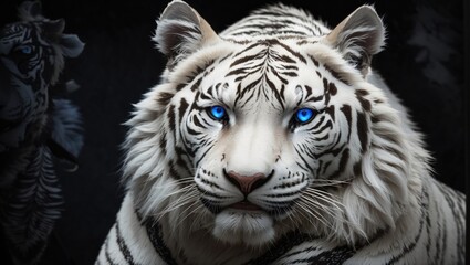 A majestic White Siberian Tiger with piercing blue eyes, framed against a stark black background.