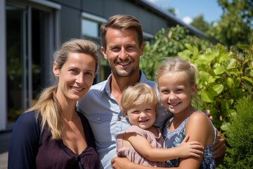 A happy family in front of their dream home. housing and the real estate market.'generative AI'