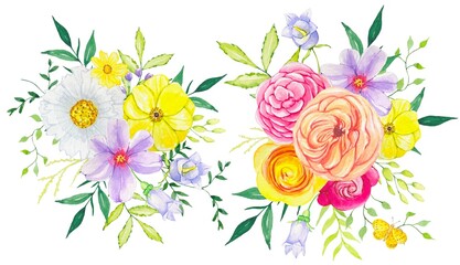 Floral watercolor compositions of bright flowers on a white background ,bright bouquet